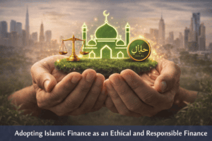 Hands holding a digital Islamic finance symbol with city skyline background.