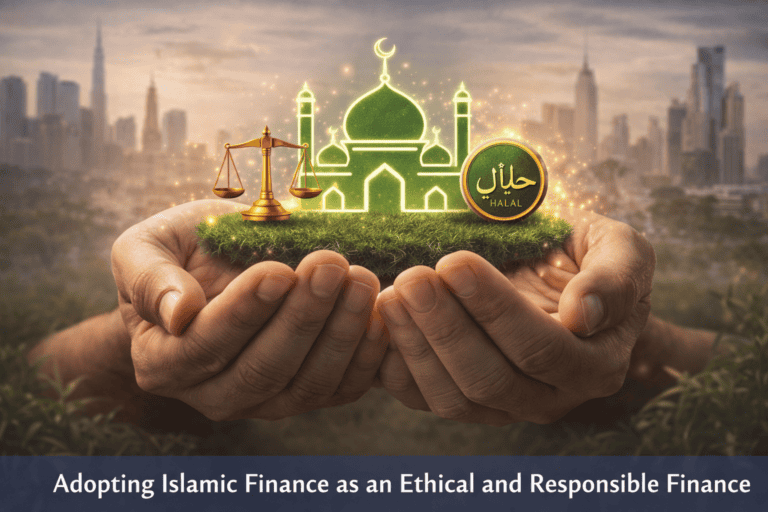 Hands holding a digital Islamic finance symbol with city skyline background.