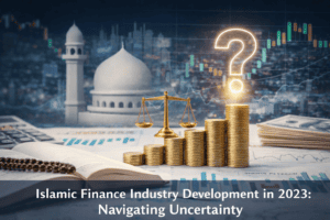 Islamic finance growth with scales and question mark, economic charts, and mosque in background.