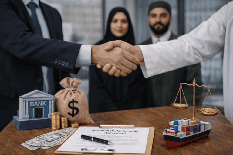 Business handshake over Islamic finance agreement with bank and shipping containers.