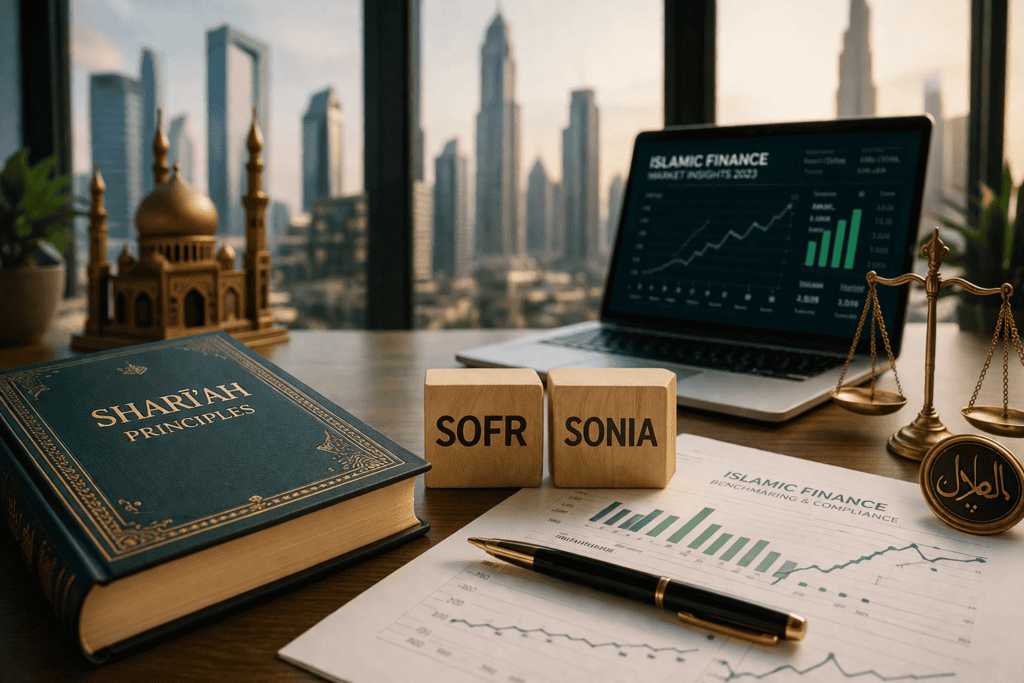 Islamic finance analysis with Sharjah Principles book and financial charts.