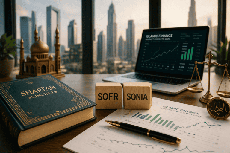Islamic finance analysis with Sharjah Principles book and financial charts.