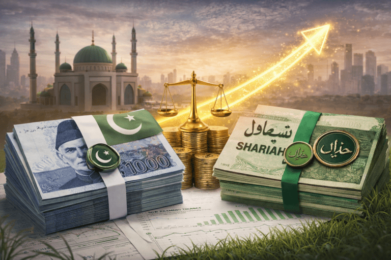 Islamic finance, currency notes, and scales at AAOIFI Centre for Islamic Development.
