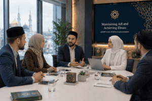 Business meeting at AAOIFI Centre for Islamic Development discussing ethics and compliance.
