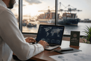 Professional working on a laptop with global Islamic finance data and charts.